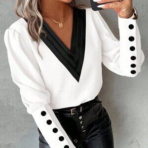 Black & White Elegant Women's V-Neck Lantern Sleeve Blouse